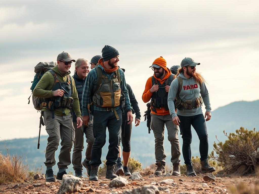 A realistic high-resolution photo of a group of outdoor enthusiasts engaging in an outdoor activity together, wearing Faro Gear products. The image should capture the camaraderie and excitement of being part of a community, set against a scenic backdrop that reflects the beauty of nature.