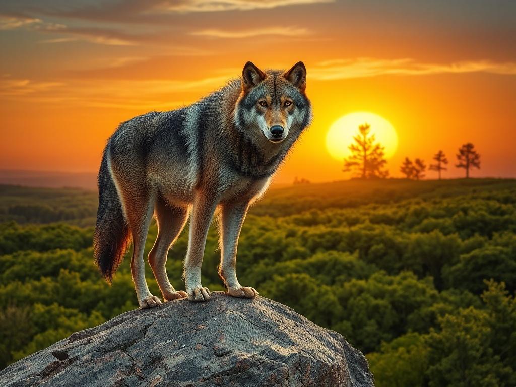 A majestic wolf standing on a rocky outcrop, overlooking a lush green forest. The wolf, with its thick fur and piercing eyes, embodies strength and independence. The background features a vibrant sunset casting golden rays across the landscape, with a few trees silhouetted against the sky. The composition is simple, focusing solely on the wolf, which occupies the foreground, allowing the viewer to appreciate its beauty and the natural setting.