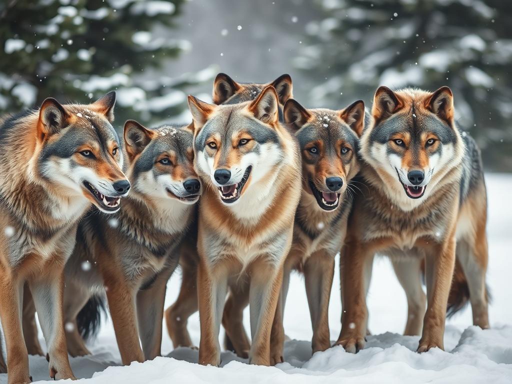 A close-up shot of a wolf pack playfully interacting in a snowy environment. The wolves, in various shades of gray and brown, exhibit a range of expressions, showcasing their playful nature. Snowflakes gently fall around them, adding to the serene atmosphere. In the background, soft-focus pine trees hint at the wilderness. The image captures the essence of community and teamwork among wolves, highlighting their social bonds.