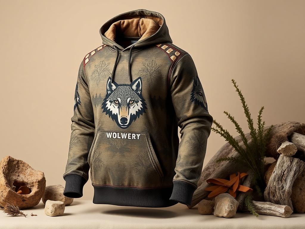 A realistic high-resolution photo of a new apparel design inspired by nature, featuring earthy tones and rustic textures. The focus is on the clothing item, displayed on a simple, neutral background that accentuates its design. The apparel should showcase elements like wolf motifs and natural patterns, highlighting its connection to the wilderness.