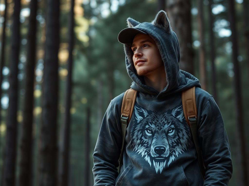 A realistic high resolution image of a person wearing wolf