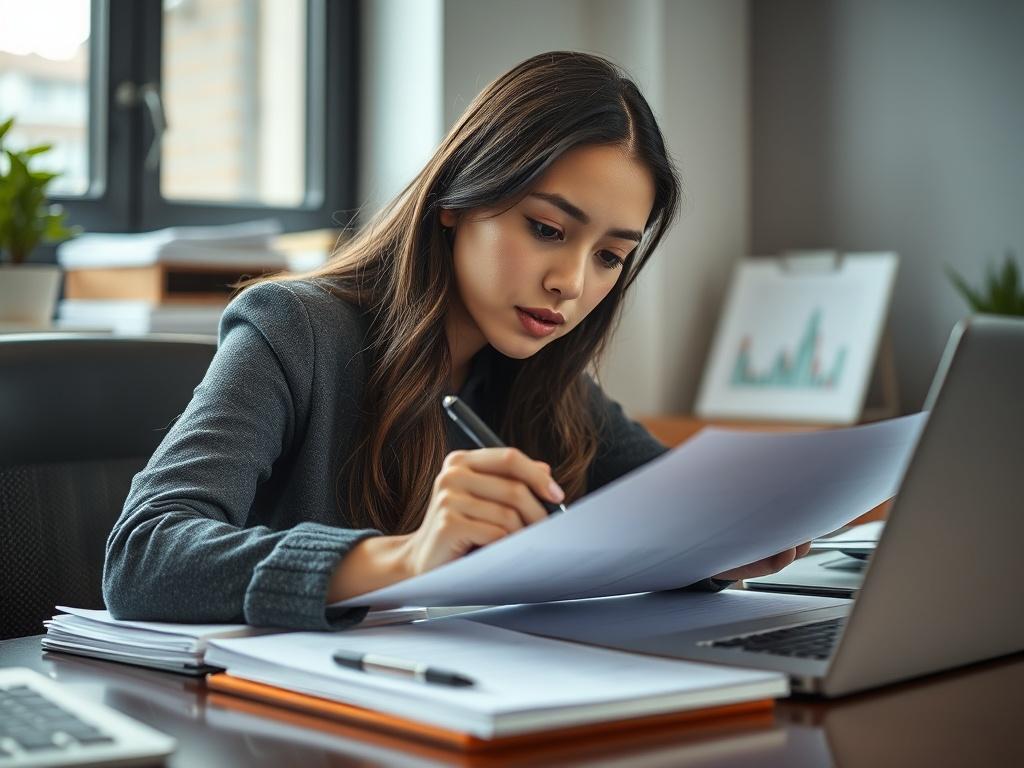 A focused shot of a certified translator reviewing documents with