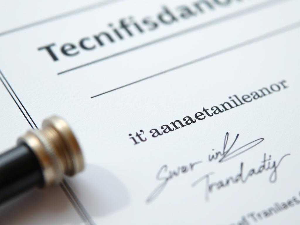 A close-up shot of a certified translation document, showcasing a stamp and signature of a sworn translator. The background should be simple and clean, focusing solely on the document's details and authenticity. Captured with a 45mm f/1.2 lens style, the image should reflect professionalism and clarity.