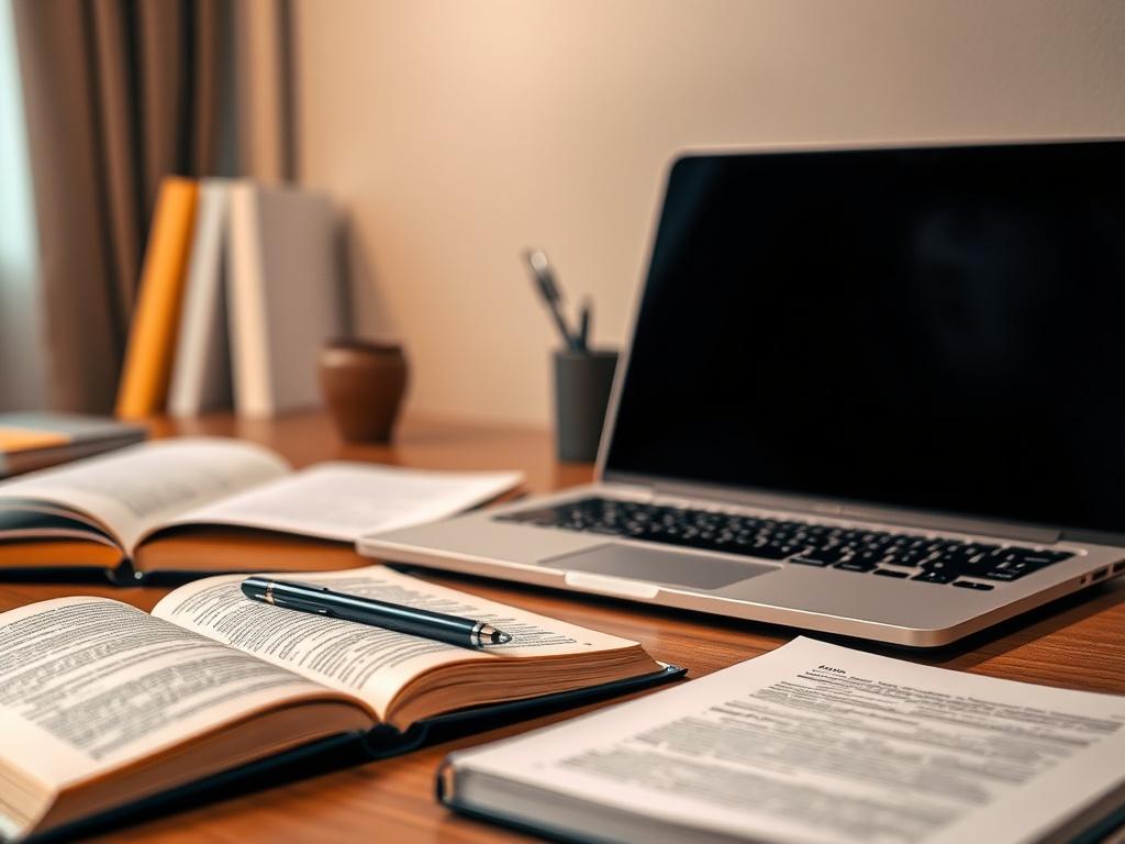 A close-up shot of a professional translator's desk with a laptop, open books, and a notepad. The background should be simple, with a soft focus to highlight the desk's items. The lighting should be warm, creating a cozy atmosphere, with a touch of elegance. The image should convey a sense of professionalism and attention to detail.