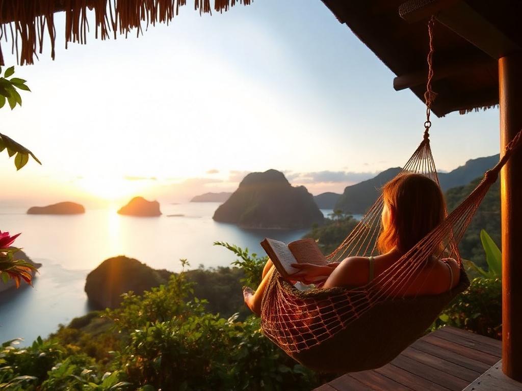 Luxurious solar-powered eco-resort at sunset with guest in hammock surrounded by lush tropical greenery