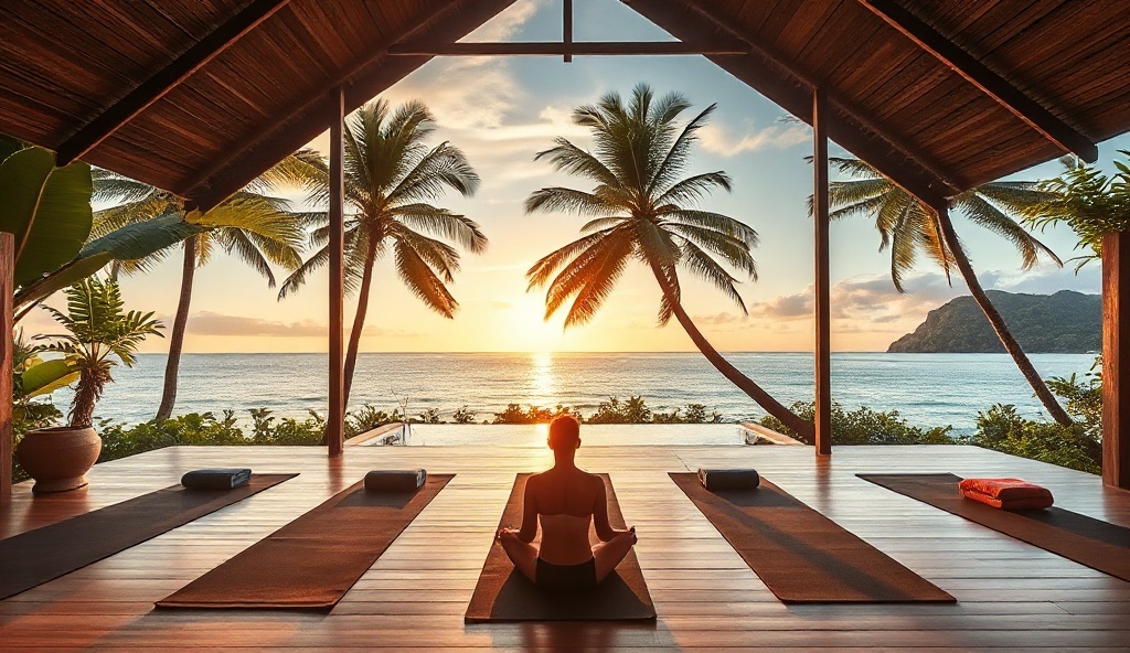 Serene wellness retreat with yoga mats and meditation space overlooking tropical ocean