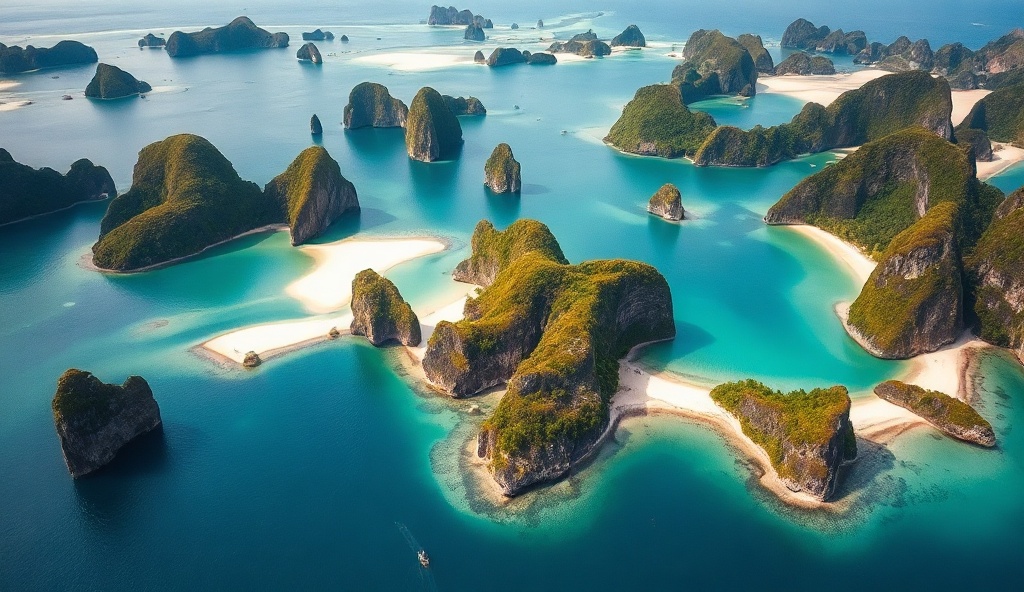 Aerial view of El Nido islands with turquoise lagoons and limestone cliffs