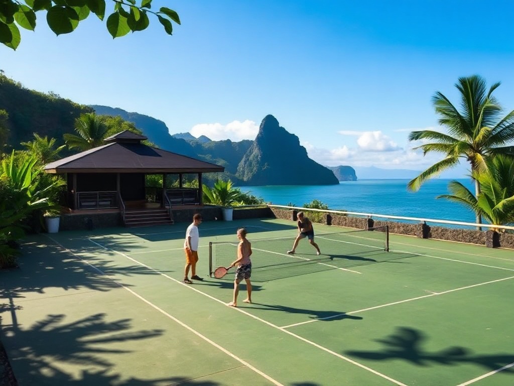 Scenic outdoor pickleball court at a tropical resort with lush green vegetation and players enjoying a match