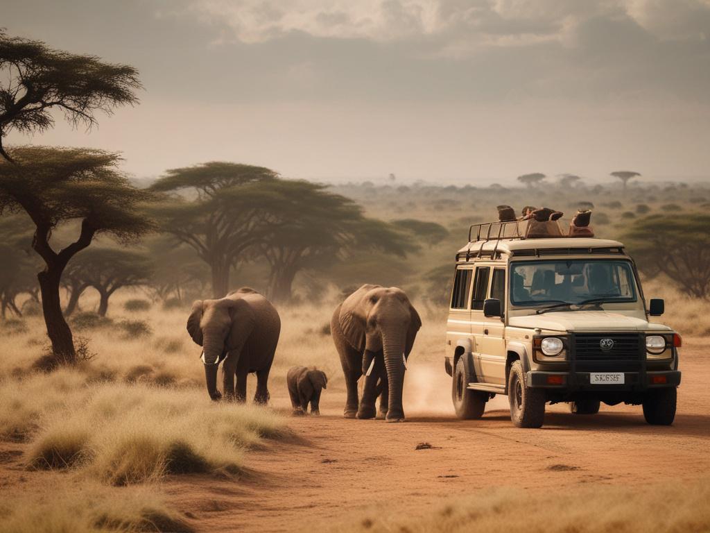 A skilled guide leading a small group of tourists on a game drive through Nairobi National Park, with elephants in the background. The scene captures the essence of adventure and connection to nature, bathed in soft afternoon light.