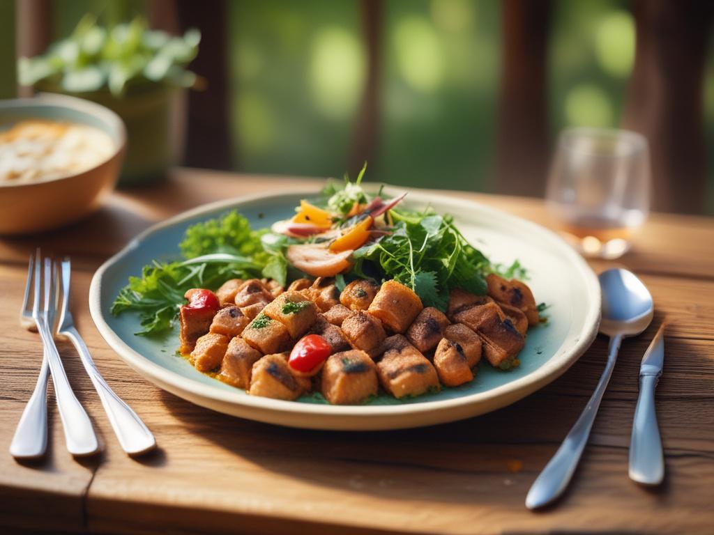 A beautifully plated Kenyan dish showcased on a rustic wooden table set outdoors, surrounded by greenery. Soft sunlight filters through the trees, creating a warm and inviting ambiance, with vibrant colors of the food emphasizing its freshness and authenticity.