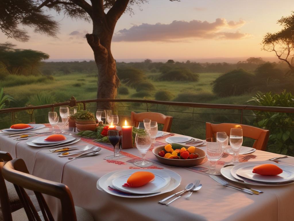 A beautifully arranged table set for a culinary experience at Koki Lodge, showcasing a variety of colorful Kenyan dishes. The setting should include soft lighting, with a backdrop of lush greenery and the evening sky. The focus should be on the vibrant colors and textures of the food, inviting viewers to indulge in the authentic flavors of Kenya.