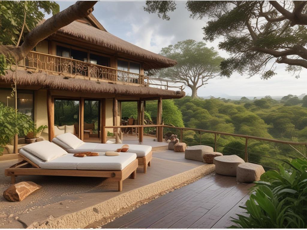 A serene eco-conscious accommodation at Koki Lodge, showcasing a beautifully designed room with panoramic views of nature. The interior should feature natural materials and soft, earthy tones, creating a warm and inviting atmosphere. Gentle lighting enhances the peaceful ambiance, with a backdrop of lush greenery visible through large windows, inviting guests to connect with the outdoors.