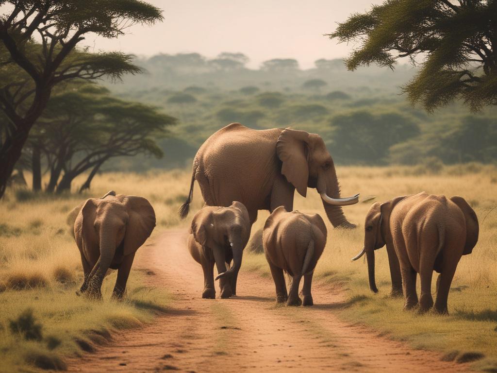 A stunning scene of a guided wildlife safari in Nairobi National Park, featuring an expert guide pointing towards a herd of elephants in the distance. The composition should have the guide in the foreground, with the elephants visible against a backdrop of lush greenery and open savannah. Soft, natural lighting enhances the peaceful atmosphere, showcasing the beauty of the landscape.