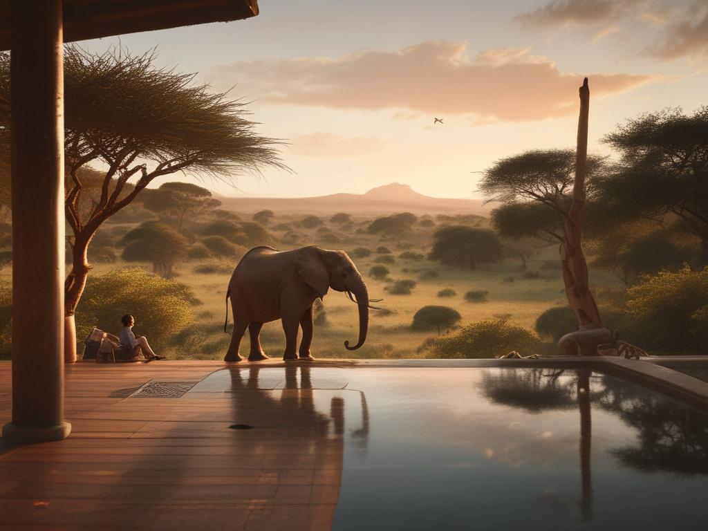**AI Image Generation Prompt:**

Create a realistic high-resolution photo that captures the essence of a solitary traveler embracing the wild during a safari adventure at Koki Lodge. The focal subject should be a passionate wildlife enthusiast, standing atop a small hill, gazing thoughtfully into the distance. They should be dressed in light, breathable safari attire, including a wide-brimmed hat and binoculars hanging from their neck, epitomizing the spirit of adventure.

The background should feature a br