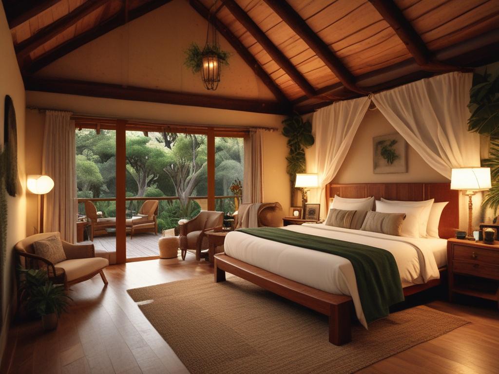 A cozy and elegantly designed lodge room at Koki Lodge, featuring eco-conscious architecture and decor. The room is adorned with natural materials, large windows showcasing lush greenery outside, and warm lighting creating a peaceful ambiance. A comfortable bed and thoughtfully arranged furnishings invite guests to relax and enjoy the tranquil setting.
