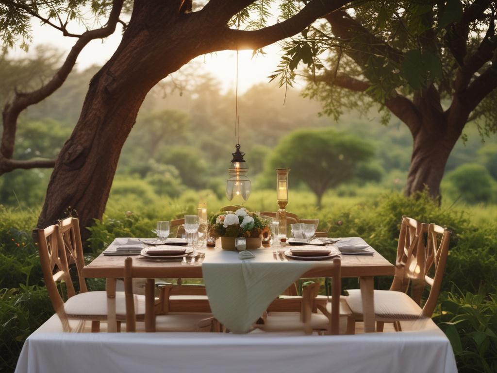 A beautifully arranged dining table set outdoors at Koki Lodge, featuring a variety of authentic Kenyan dishes. The table is adorned with soft-toned tableware, fresh flowers, and gentle lighting from lanterns. In the background, lush greenery and the sunset sky create a serene atmosphere, inviting guests to enjoy a memorable dining experience.