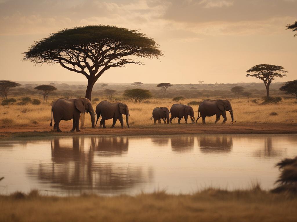A wildlife guide leading a small group of tourists on a safari adventure in Nairobi National Park. The foreground features diverse wildlife, such as elephants and antelopes, while the background captures the stunning landscape of the park during golden hour. Soft, warm lighting enhances the peaceful and adventurous atmosphere.