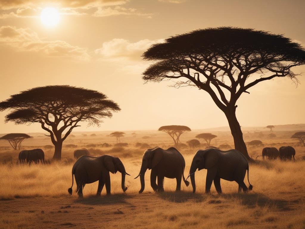 An exciting moment captured during a guided game drive in Nairobi National Park. A safari vehicle is parked near a group of elephants grazing peacefully. The sun casts a golden hue over the landscape, highlighting the beauty of the park. The focus is on the elephants and the vehicle, showcasing the closeness of the wildlife experience.