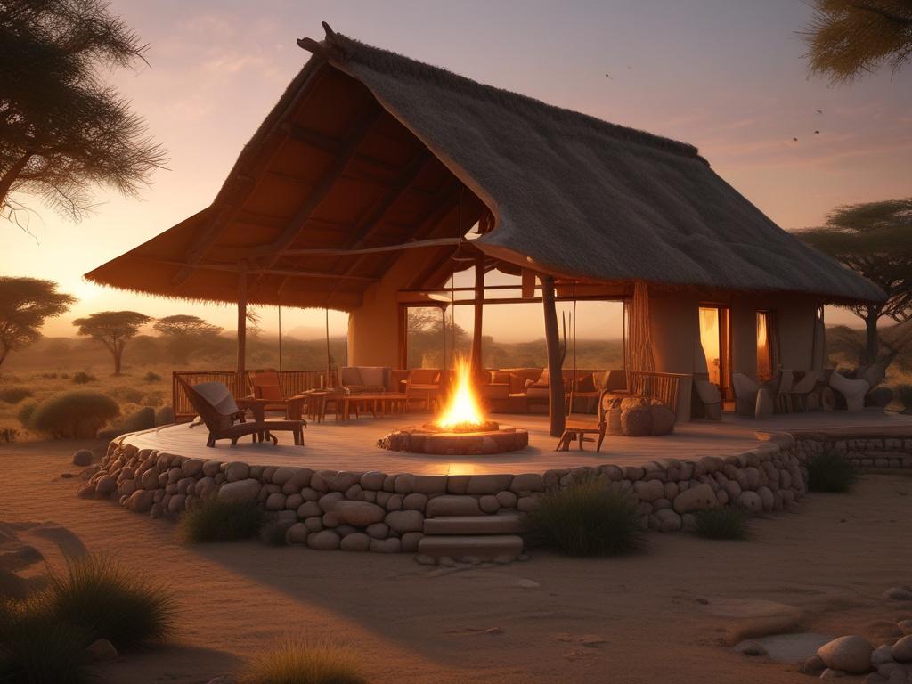A serene scene depicting a luxury safari lodge at sunset, surrounded by the African landscape. The lodge is made of eco-friendly materials and features large windows to showcase the panoramic view. A bonfire is lit outside, with comfortable seating around it. Soft lighting creates a tranquil atmosphere, while the sky transitions from orange to deep blue. The focus is on the lodge and the inviting ambiance.
