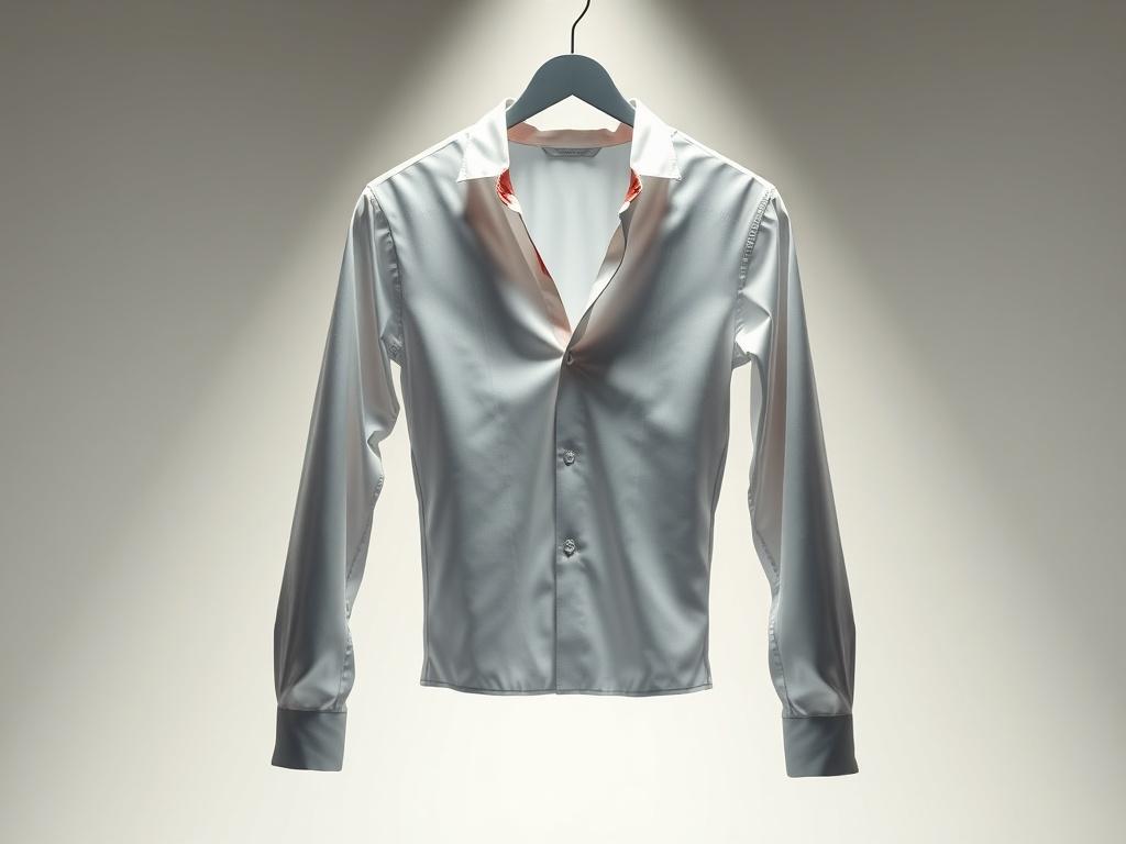 A realistic high-resolution photo of an Advanced Sexy V-neck Men's Long Sleeved Shirt, elegantly displayed on a minimalist hanger against a simple, soft-focus background. The shirt should be prominently featured, showcasing its sleek silhouette, V-neck design, and luxurious fabric texture. Ensure the lighting highlights the shirt's details, with glossy reflections that accentuate its upscale quality, while maintaining an overall harmonious composition. The color scheme should complement the primary color rg