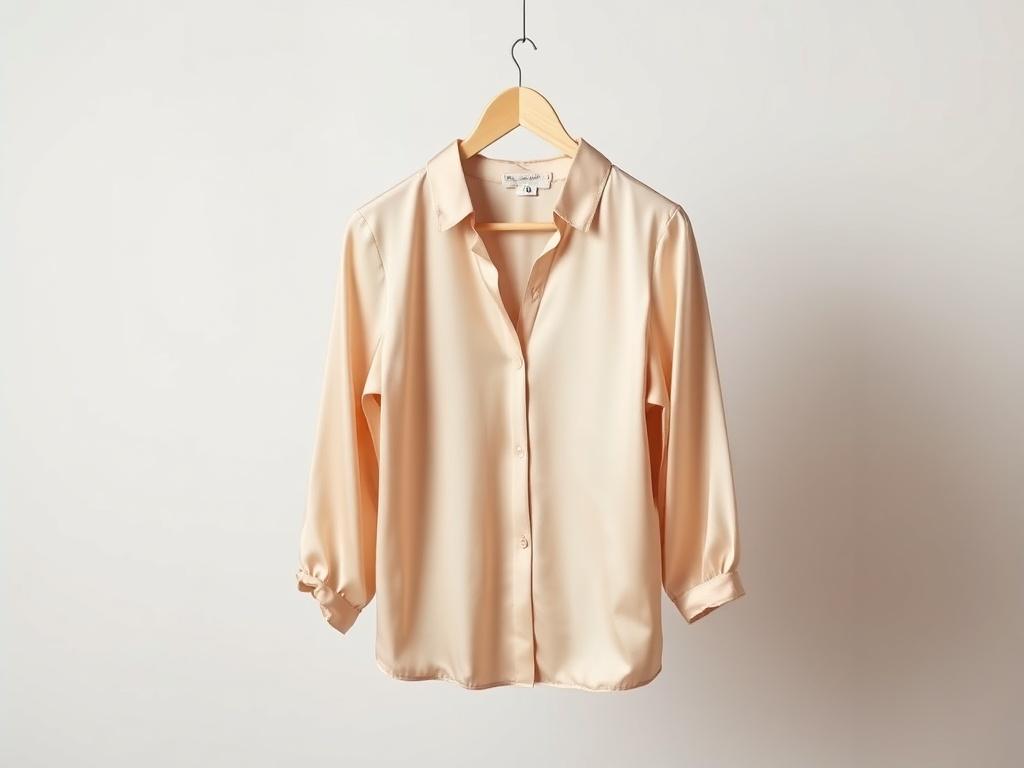 A high-resolution image of an elegant silk blouse hanging on a minimalist wooden hanger against a soft, neutral background. The blouse should be showcased in a flattering light, highlighting its smooth texture and subtle sheen. The composition should focus solely on the blouse, with clean lines and negative space to enhance its luxurious appearance.