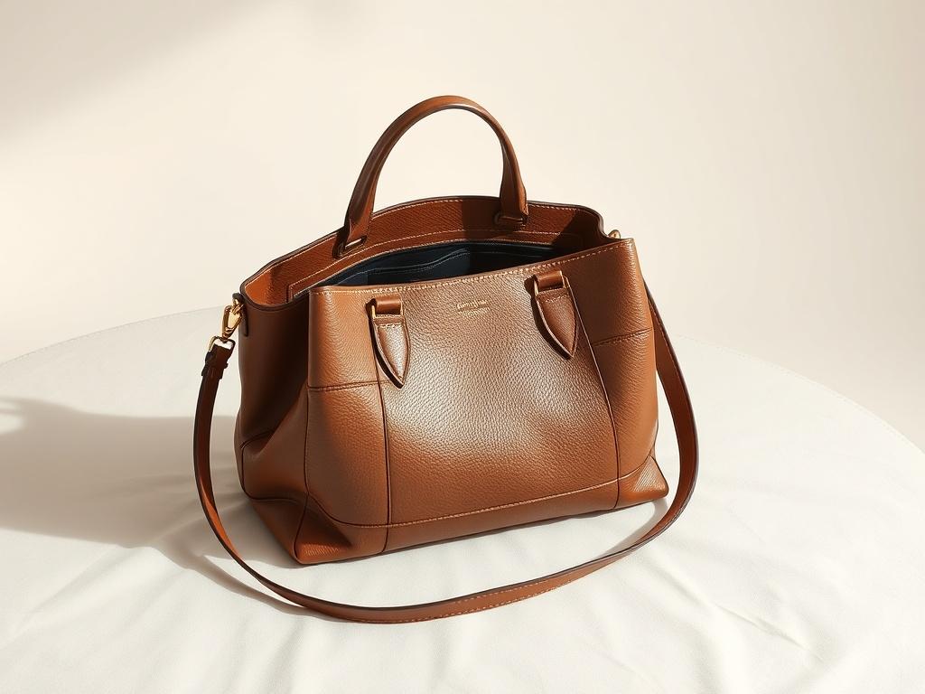 A high-resolution image of a chic leather handbag placed elegantly on a soft, neutral-toned surface. The handbag should be open, revealing its spacious interior, and showcase the gold-tone hardware and texture of the leather. The background should be minimalistic, focusing on the handbag as the central subject with subtle, clean lines.