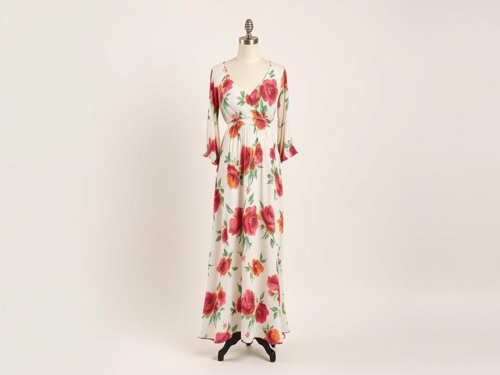 A high-resolution image of a statement floral maxi dress displayed on a mannequin against a soft, neutral background. The dress should showcase its vibrant patterns and flowing silhouette. The composition should emphasize the details of the fabric and design, with ample negative space around it to accentuate its beauty.