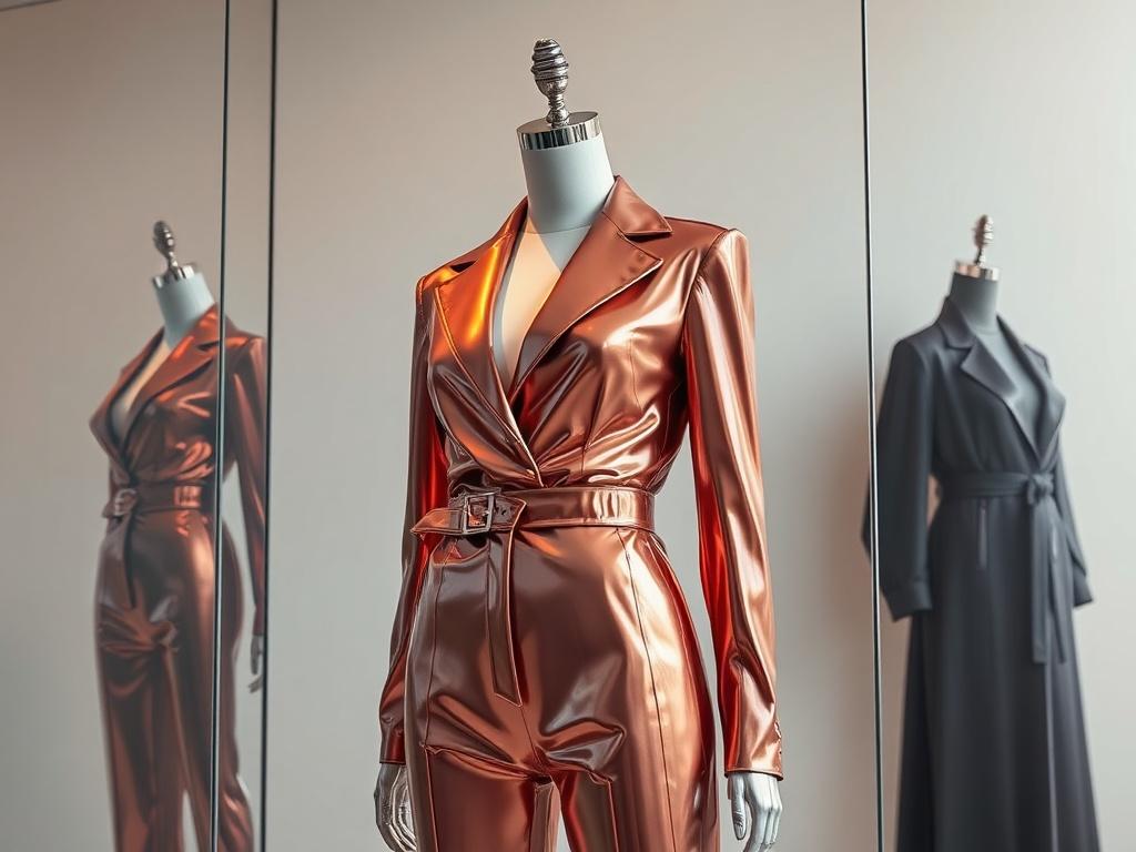 A realistic high-resolution photo showcasing a luxurious clothing ensemble displayed on a sleek, glossy mannequin. The outfit should feature elegant, high-end fabrics in rich colors, with luminous highlights reflecting off the shiny surfaces. The background should be minimalistic, emphasizing the fashion piece, with soft lighting to create a warm and inviting atmosphere.