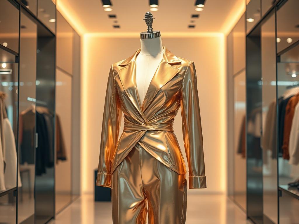 A realistic high-resolution photo of an elegant, upscale outfit displayed on a mannequin in a well-lit boutique setting. The outfit should feature a blend of shimmering fabrics and luxurious textures, reflecting a sophisticated style. The background should be minimalistic with soft, warm lighting that highlights the outfit's details. Ensure the image has hyper-glossy, mirror-like reflections to emphasize the high-end nature of the fashion. Use colors that complement the rgb(193, 153, 87) primary color.