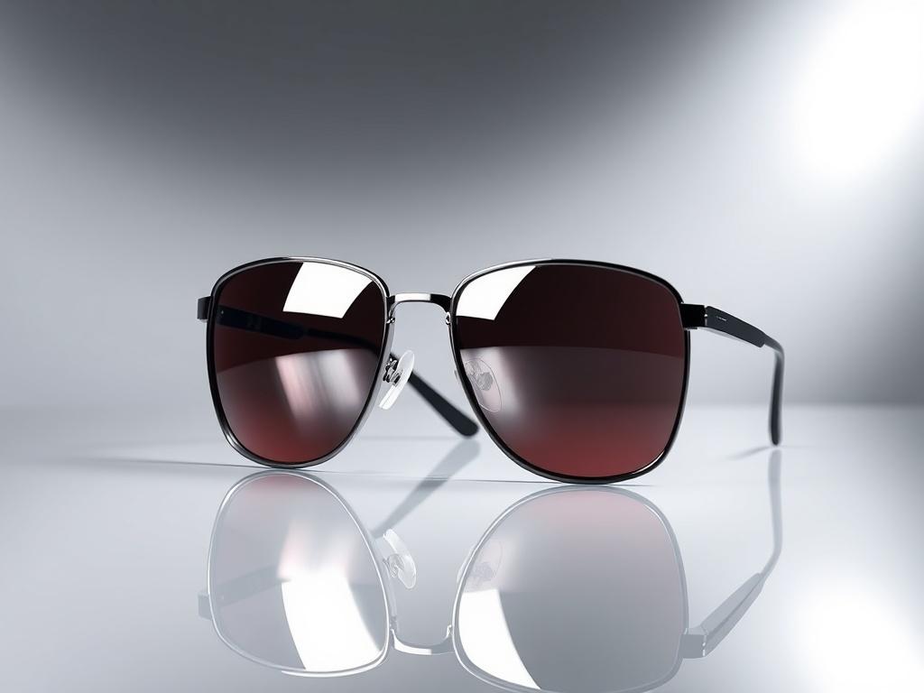 A pair of high-end sunglasses displayed on a glossy surface, reflecting light in a way that emphasizes their sleek design. The sunglasses should be the focal point, with a minimalistic background that enhances their elegance. The lighting should create a shiny effect on the lenses, showcasing their premium quality.