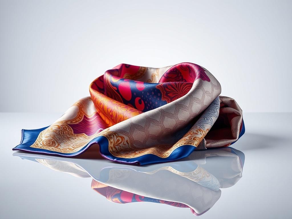 A beautifully patterned silk scarf, elegantly folded and placed on a glossy surface. The scarf should display its vibrant colors and intricate designs, with a neutral background that emphasizes its luxury. The lighting should create a soft sheen on the silk, highlighting its texture and quality.