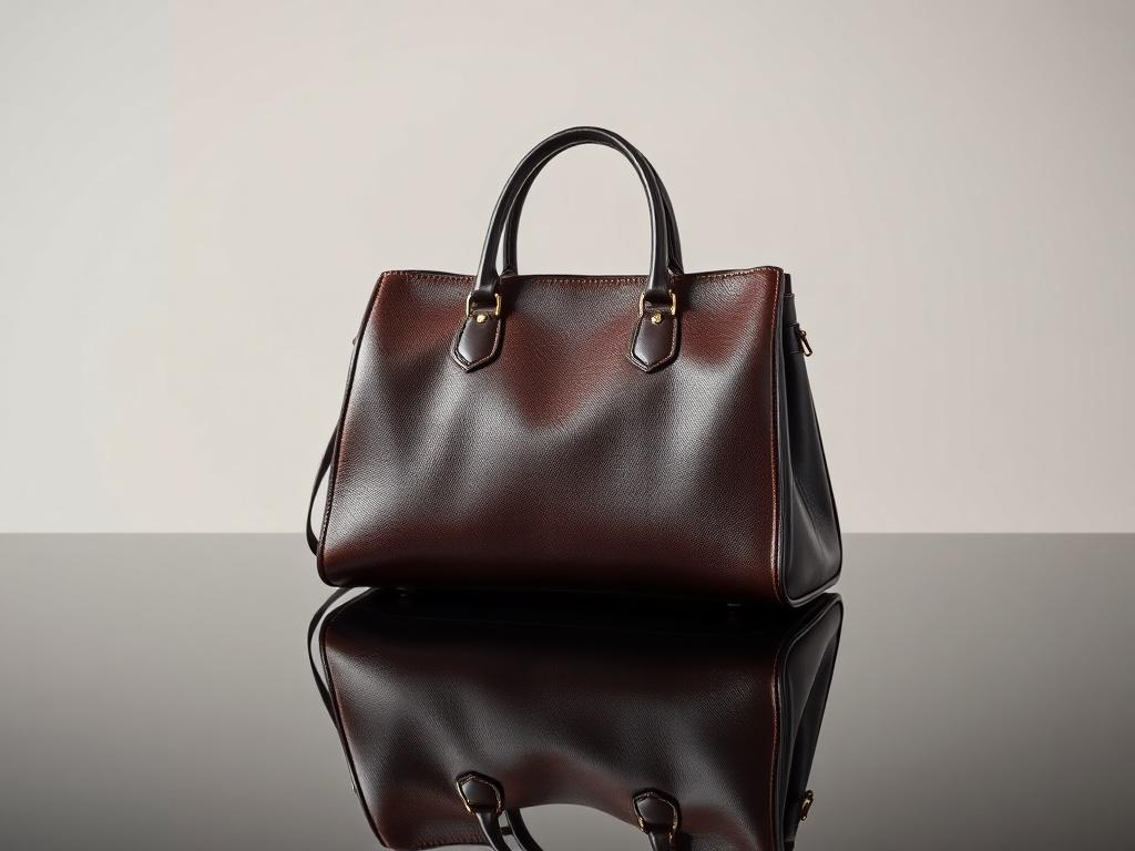 A stunning designer handbag, elegantly displayed on a glossy surface, showcasing its high-quality leather and intricate stitching. The handbag should be the sole focus, with a simple, neutral background that highlights its luxurious design. The lighting should create a shiny, reflective appearance on the surface, enhancing the handbag's elegance.