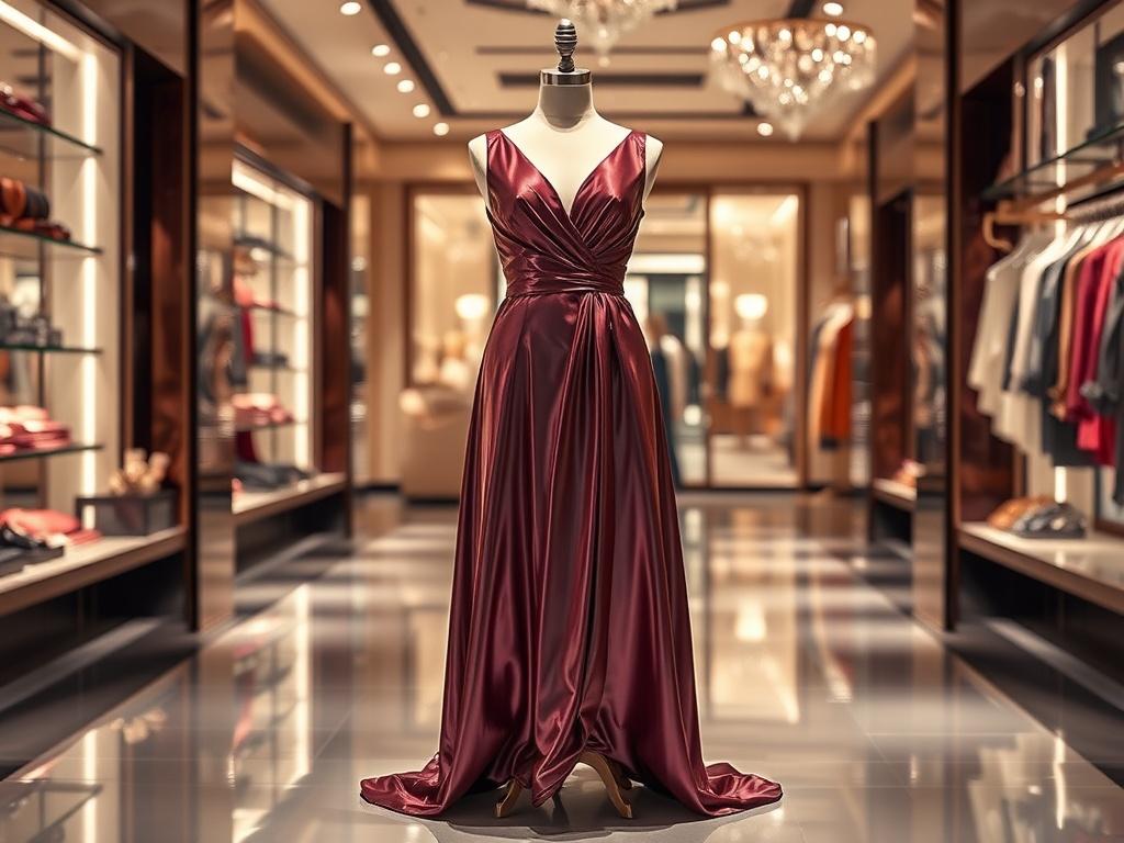 A high-end designer dress displayed elegantly on a mannequin. The dress is made of luxurious fabric with intricate detailing. The background features a softly lit boutique ambiance, showcasing the dress as the focal point. The lighting highlights the glossy textures and rich colors of the dress, casting gentle reflections on the floor.