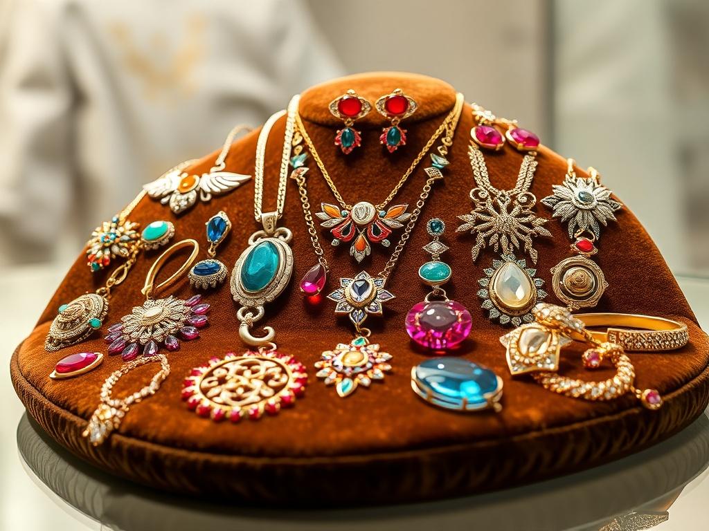 A collection of statement jewelry pieces arranged on a plush velvet display. The jewelry consists of a variety of necklaces, earrings, and bracelets, all showcasing intricate designs and vibrant colors. The lighting reflects off the shiny surfaces, creating an eye-catching display. The background is softly blurred to emphasize the jewelry.