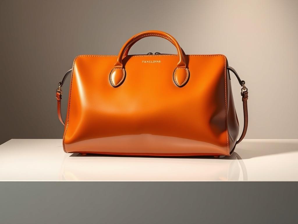 An elegant handbag placed on a minimalist display table. The handbag is crafted from high-quality leather with a glossy finish. The setting includes soft, indirect lighting that enhances the handbag's features, highlighting its texture and design. The background is neutral, allowing the handbag to stand out as the main focus.