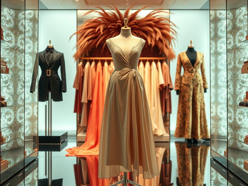 A stunning high-resolution image showcasing an elegant and luxurious fashion display featuring upscale clothing and accessories. The setting should be a sophisticated boutique with soft, ambient lighting highlighting the textures and colors of the garments. The background should be subtle but opulent, hinting at a royal theme with a touch of feathers and prestige. The focus should be on a beautifully designed dress or outfit, showcasing its intricate details and high-quality fabric, reflecting a sense of ho