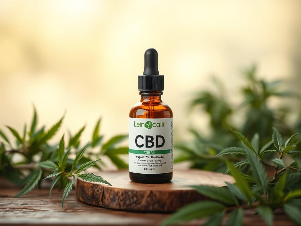 A peaceful, serene setting showcasing a bottle of CBD oil