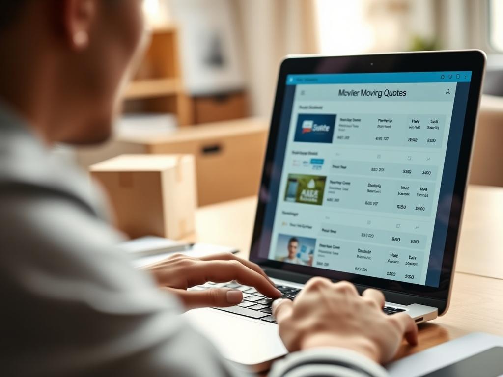 A hyper-realistic close-up shot of a person comparing moving quotes on a laptop. The scene should focus on the laptop screen displaying various moving service options, with a soft blurred background featuring a tidy workspace. The lighting should be warm and inviting, emphasizing a sense of ease and comfort in the decision-making process.