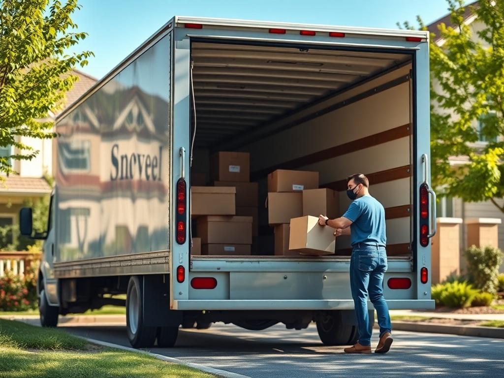 A realistic high resolution of a moving truck parked outside