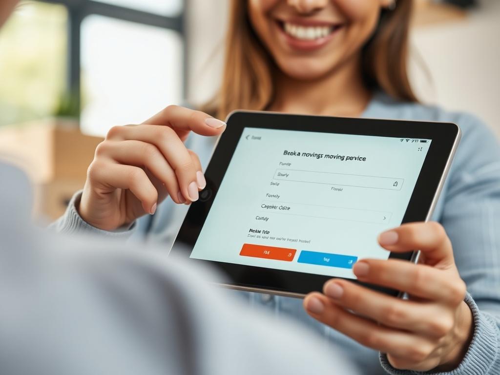 A close up, realistic image of a person happily booking