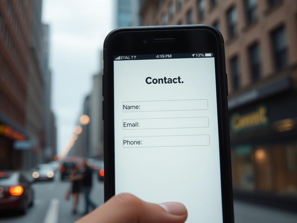 A close-up shot of a smartphone displaying a sleek contact form with fields for name, email, and phone number, set against an urban background to symbolize connectivity.