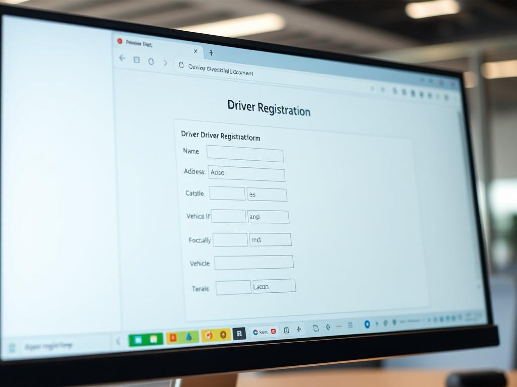 A close-up shot of a computer screen displaying a user-friendly driver registration form with fields for name, address, vehicle info, and document uploads, set in a modern office environment with soft natural lighting.