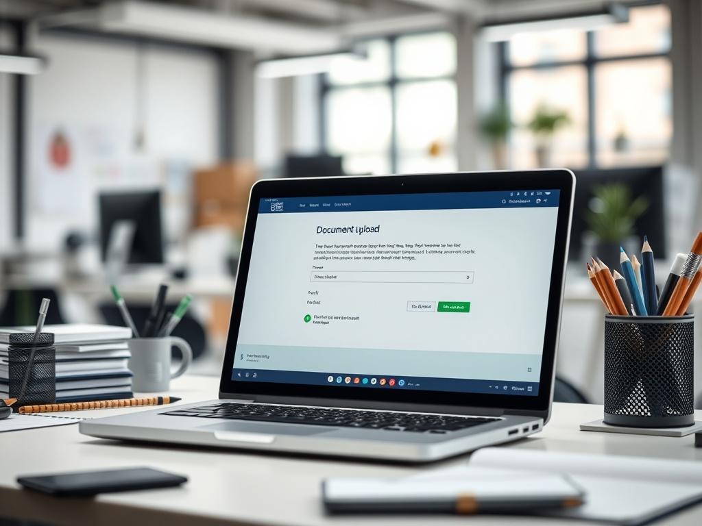 A close-up shot of a laptop displaying a document upload interface with clear instructions and progress bars, placed on a desk with office supplies in a bright workspace.