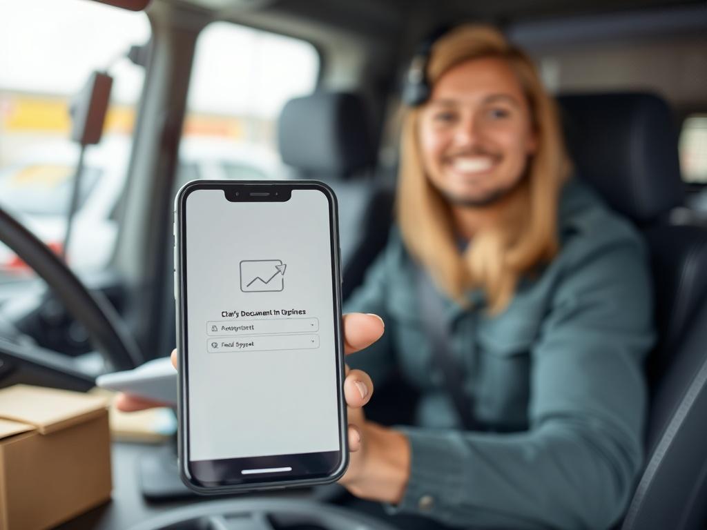 A close-up shot of a smartphone displaying a document upload screen for fleet management, with a driver in the background smiling while scanning documents. The setting should reflect a modern and efficient workspace.