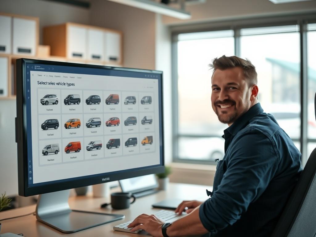 A close-up shot of a computer screen displaying a user-friendly interface for selecting vehicle types in a fleet management application, with a driver looking on positively. The background should be an organized office environment.