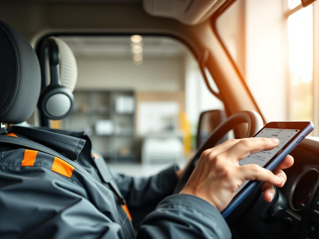 A close-up shot of a driver using a tablet in a vehicle management setting, showcasing a user-friendly app interface with vehicle details, types, and document upload features. The background should be a bright and modern office space with a clean and organized feel.