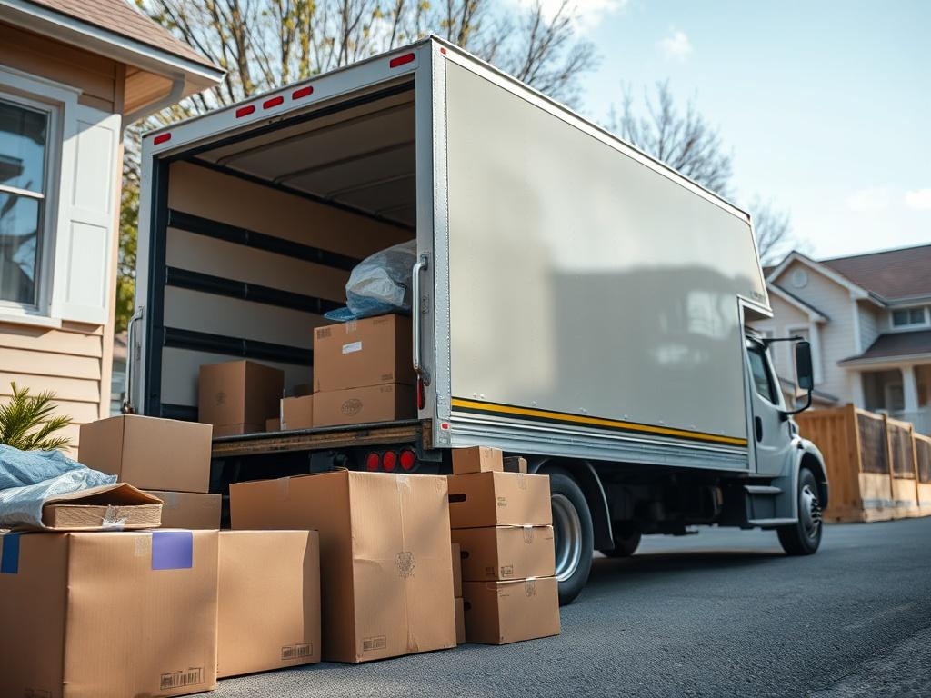A hyper-realistic close-up image of a moving truck parked in a residential area, surrounded by cardboard boxes and packing materials. The scene captures a sunny day with clear skies, emphasizing a sense of movement and transition, shot with a 45mm f/1.2 lens.