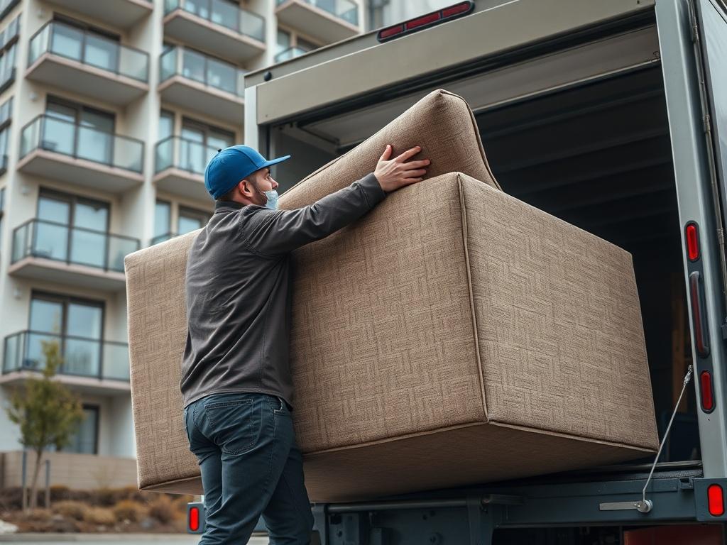 A hyper-realistic close-up image of a professional mover carefully handling a large piece of furniture, like a sofa, while loading it onto a moving truck. The background shows a modern apartment building, emphasizing a careful and professional approach, shot with a 45mm f/1.2 lens.