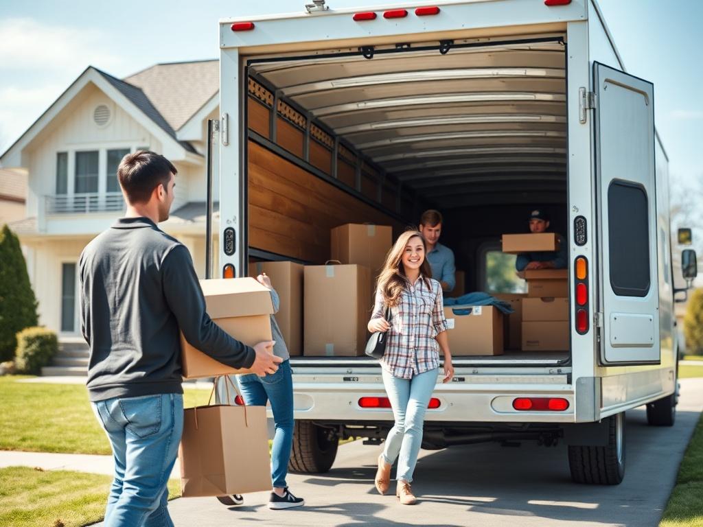 A hyper-realistic close-up image of a family loading their belongings into a moving truck in front of a beautiful house. The scene conveys a sense of adventure and change, captured on a bright day, shot with a 45mm f/1.2 lens.