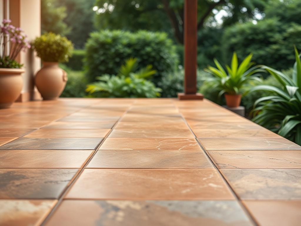 A hyper-realistic close-up shot of a beautifully finished terrace made of natural stone tiles, showcasing intricate details and textures. The background should be a lush green garden with soft natural lighting, emphasizing the terrace's elegance and durability. The image should convey a sense of tranquility and outdoor living.